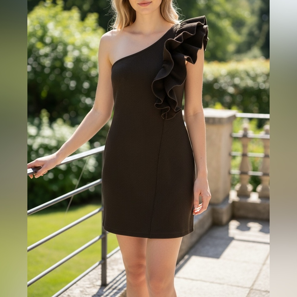 Ghospell One Shoulder Ruffle Ribbed Sweater Dress
